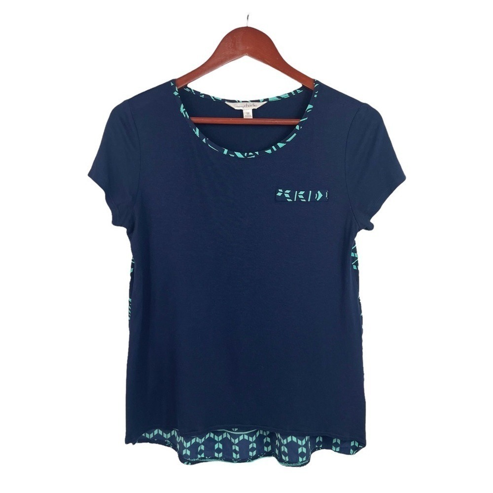 Navy Blue Turquoise Aztec Geometric Pattern Pocket Shirt Medium Bohemian Tribal